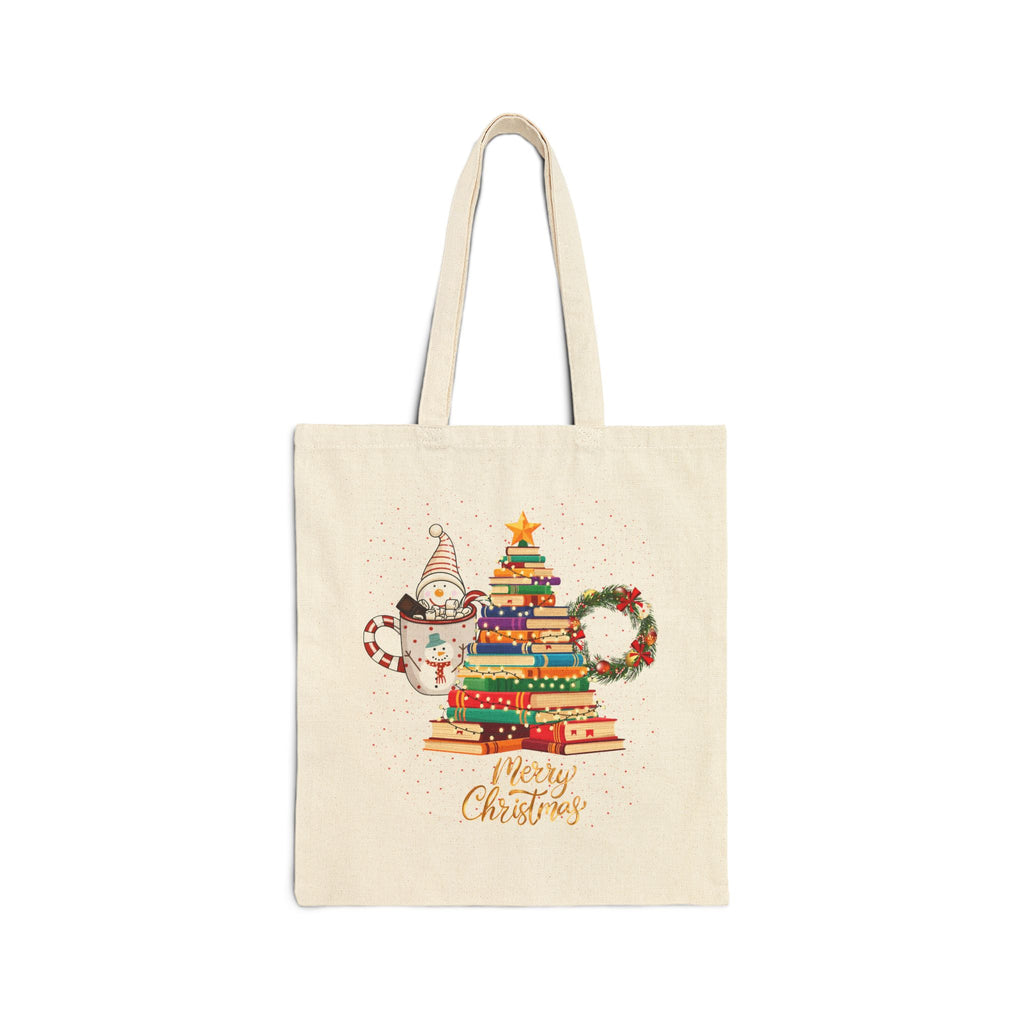 Christmas Book Stack Tote Bag – 'Merry Christmas' Holiday Canvas Tote
