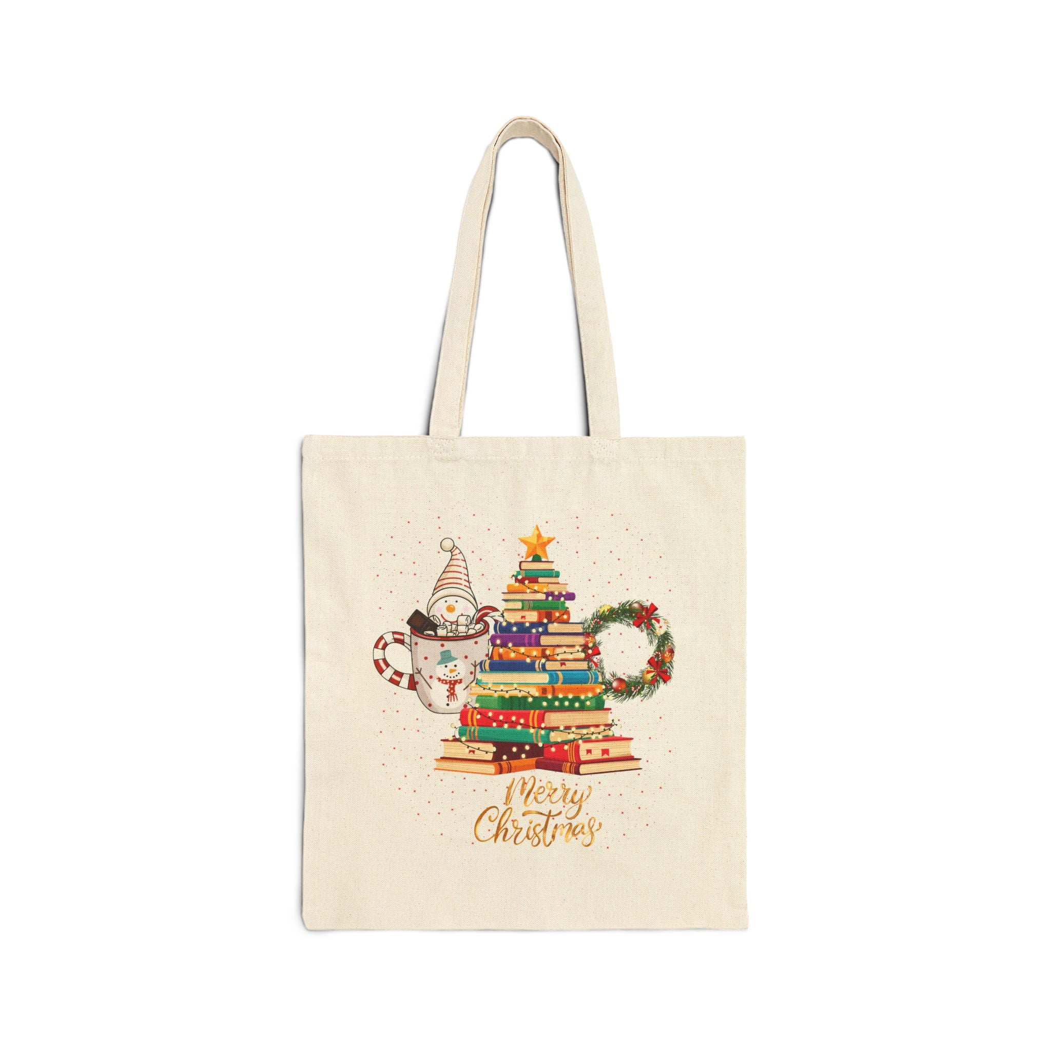 Christmas Book Stack Tote Bag – 'Merry Christmas' Holiday Canvas Tote