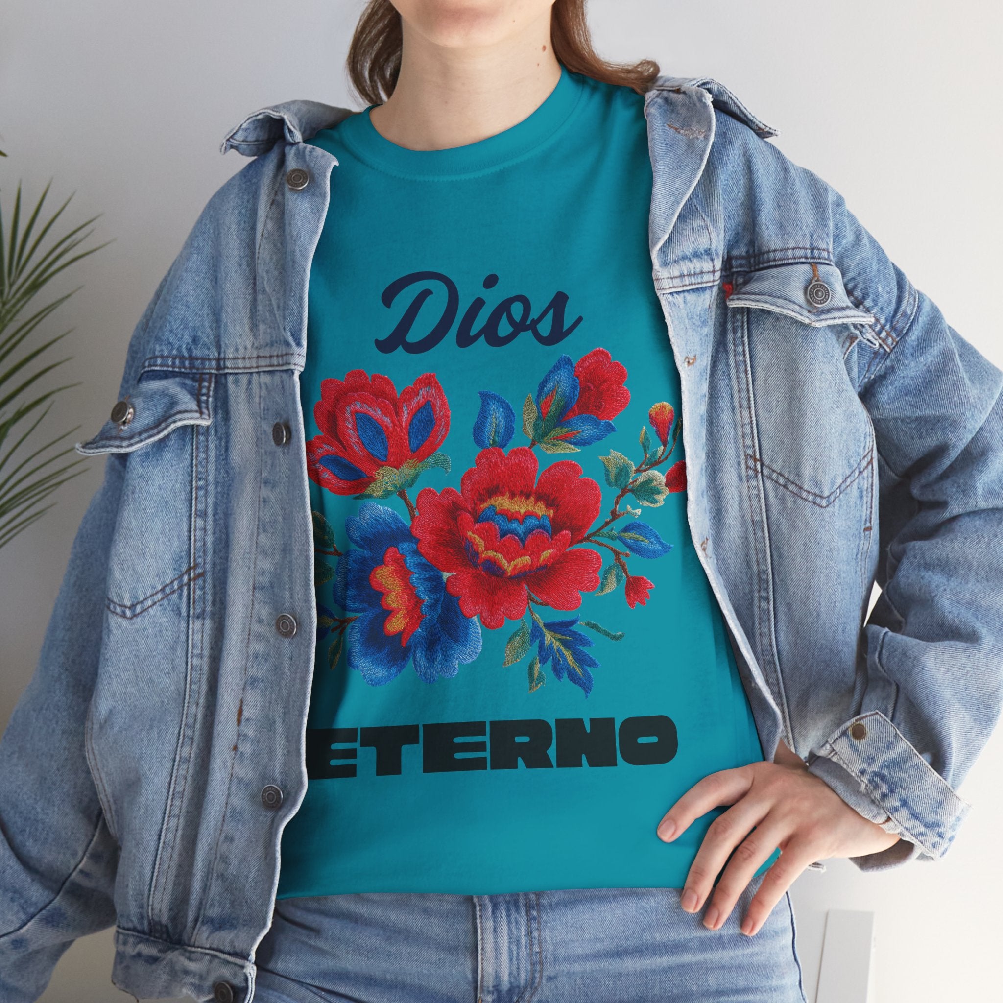 Dios Eterno Floral T-Shirt — Spanish Faith Tee with Red & Blue Blooms