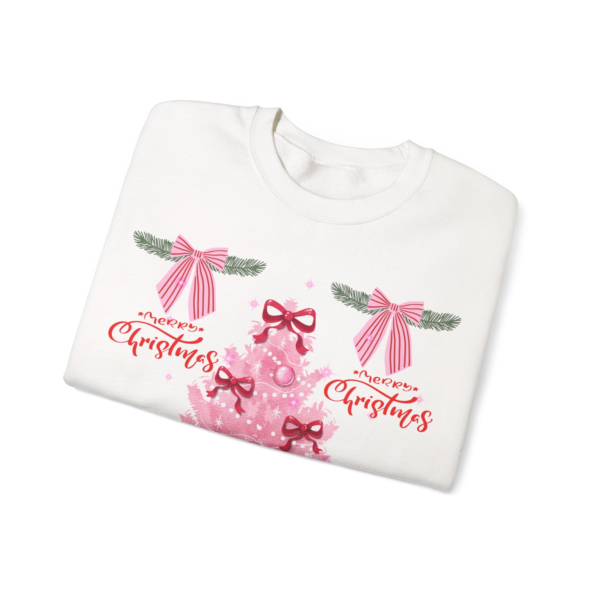 Pink Christmas Tree Sweatshirt — 'Merry Christmas' Bow Holiday Crewneck