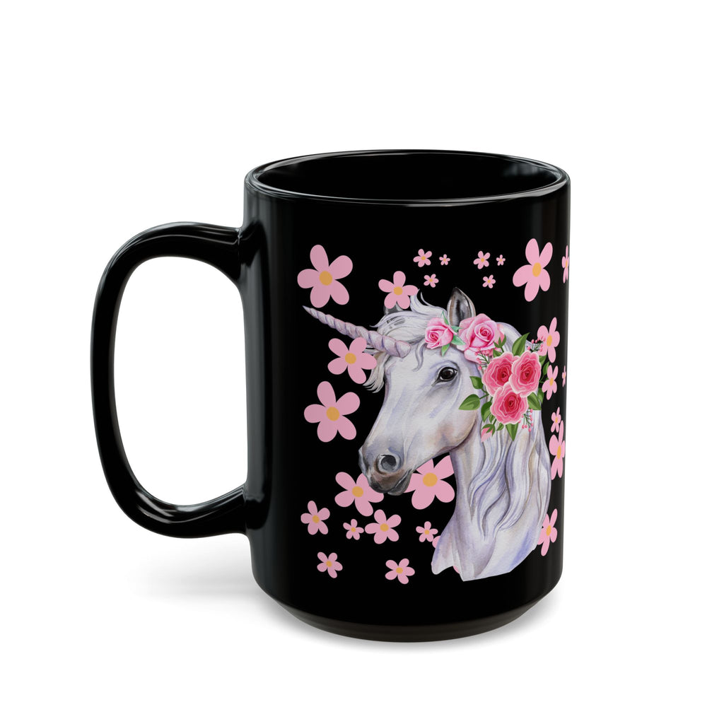 Unicorn Floral Mug — Black Ceramic Coffee Cup with Pink Flowers (11oz, 15oz)
