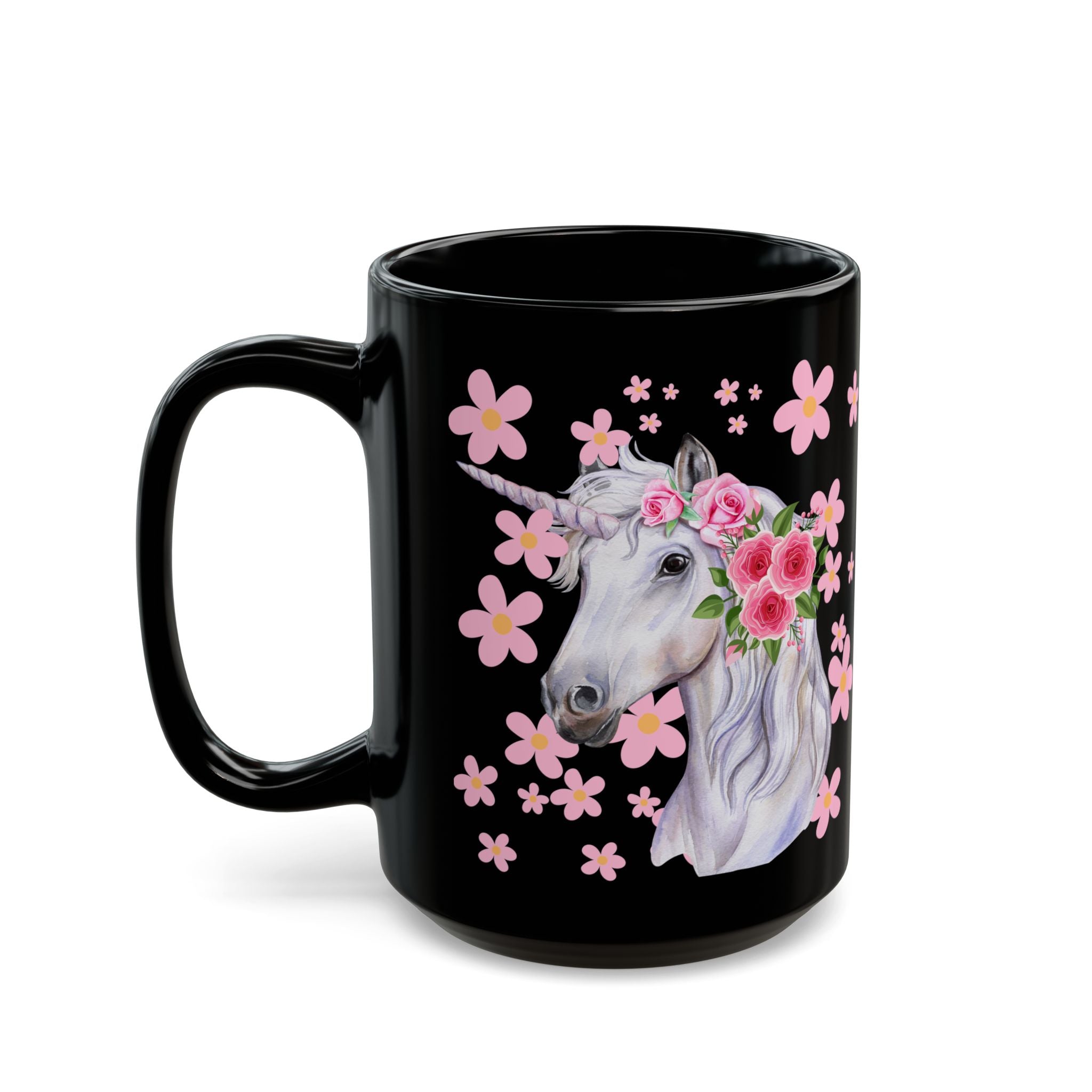 Unicorn Floral Mug — Black Ceramic Coffee Cup with Pink Flowers (11oz, 15oz)