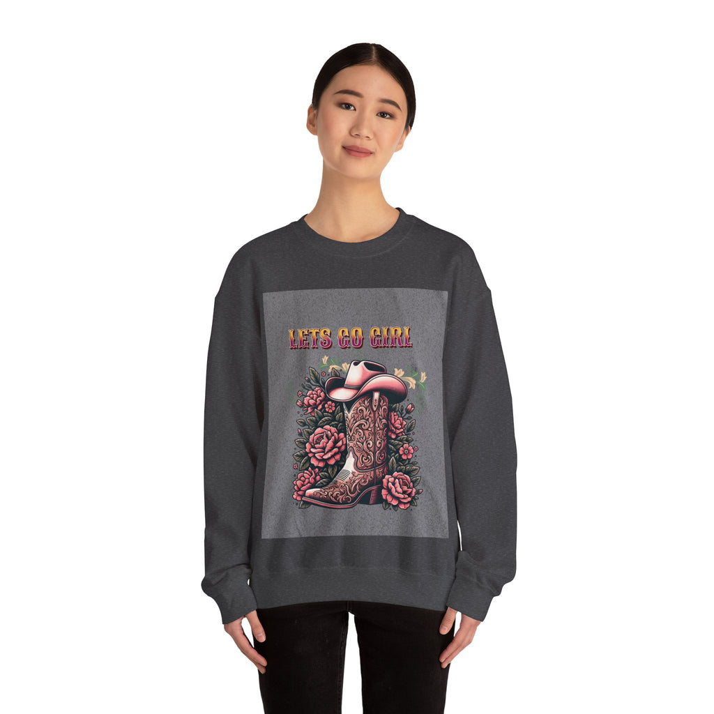 Cowgirl Boots Sweatshirt, Let’s Go Girl Crewneck, Western Style Apparel, Cozy Gift for Her, Trendy Graphic Sweatshirt