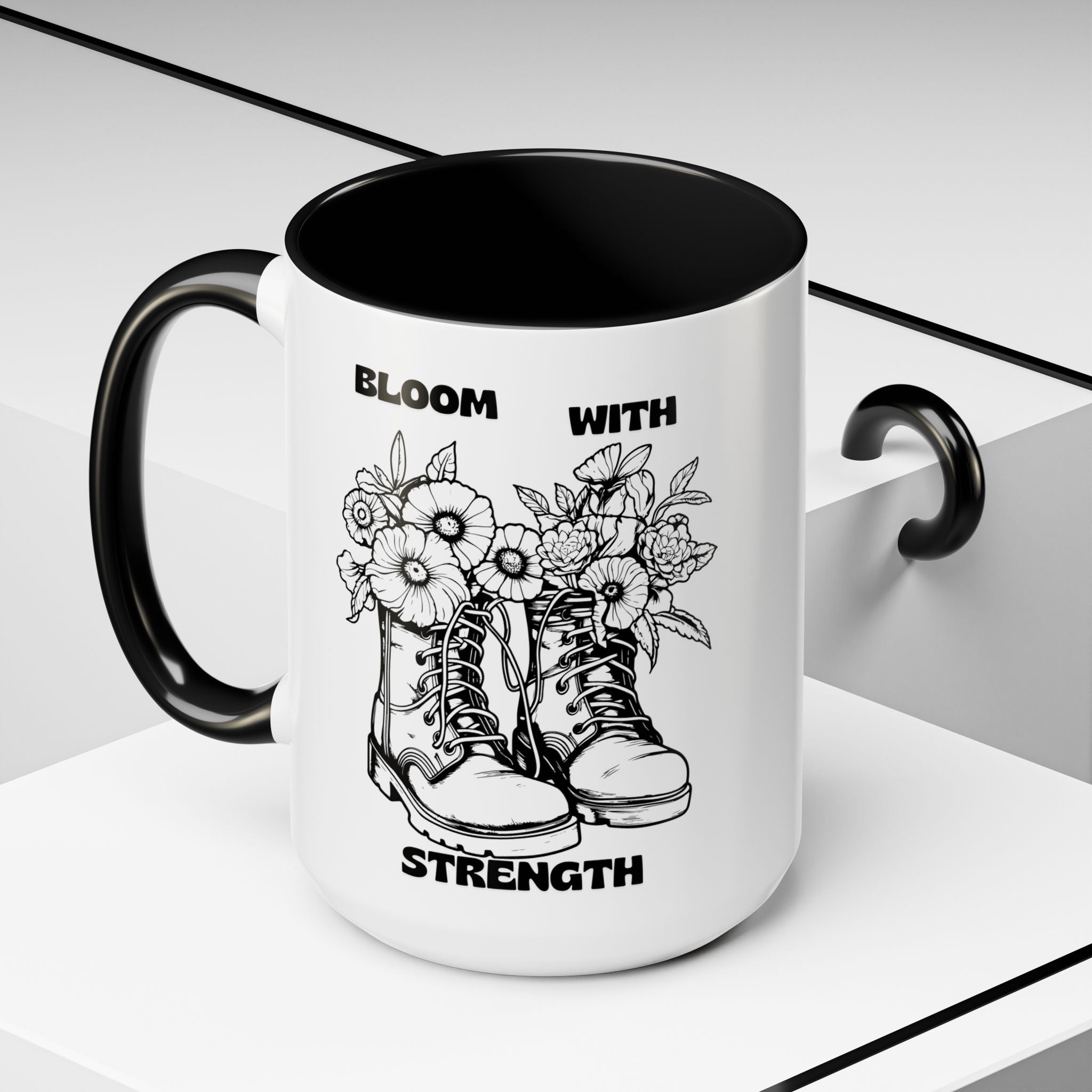 Bloom With Strength Coffee Mug — Floral Boots Inspirational Accent Mug (11/15oz)