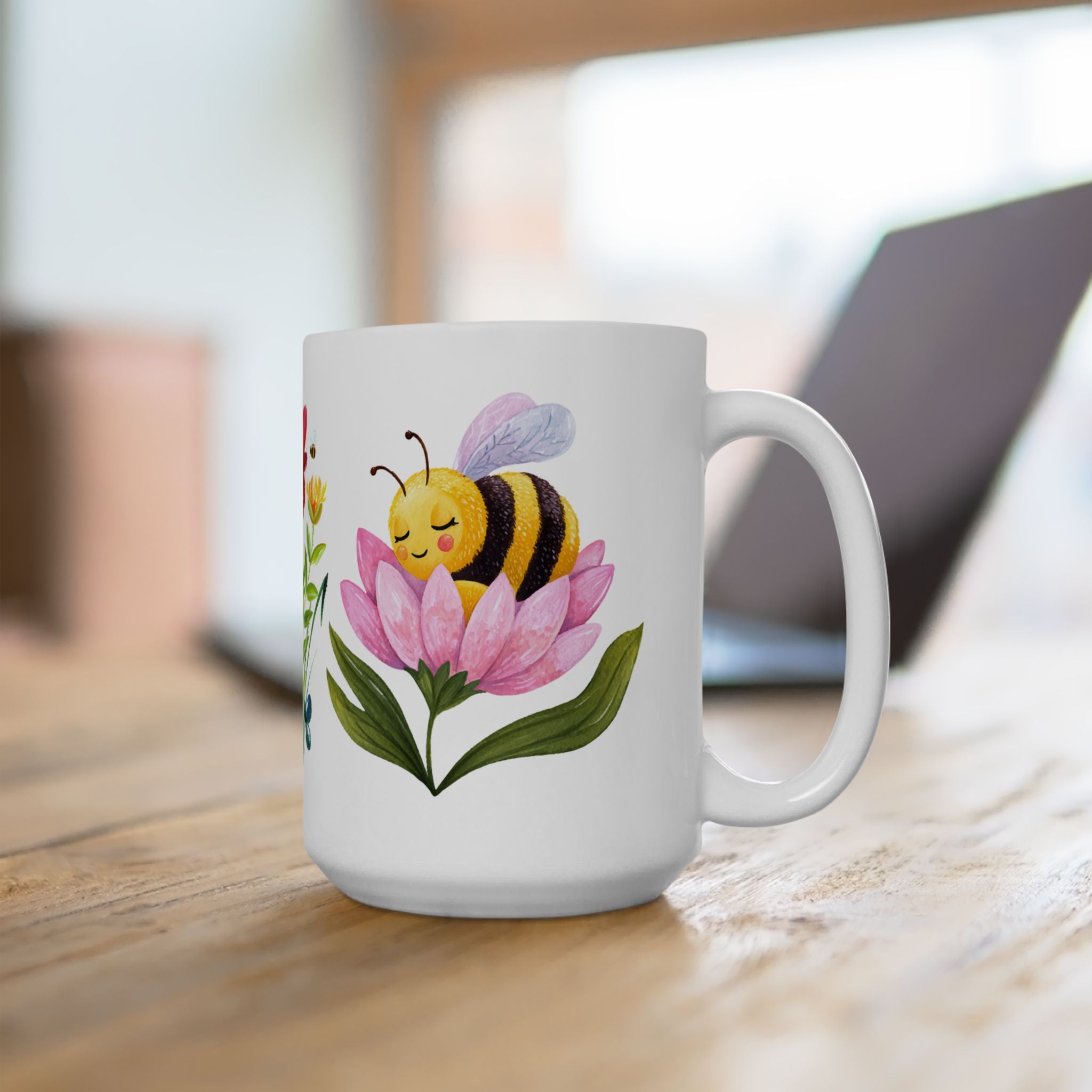 Floral Bee Ceramic Mug — Watercolor Wildflower Coffee Cup (11oz & 15oz)