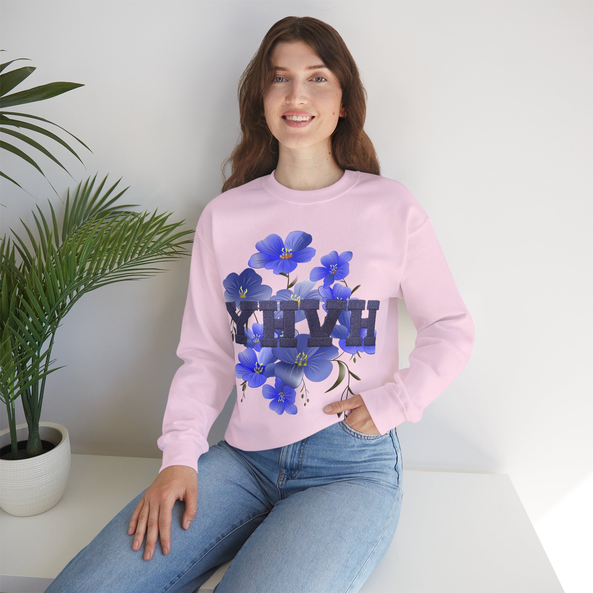 Crewneck Sweatshirt - Blue Violet Floral Graphic with 'KHVH' Lettering