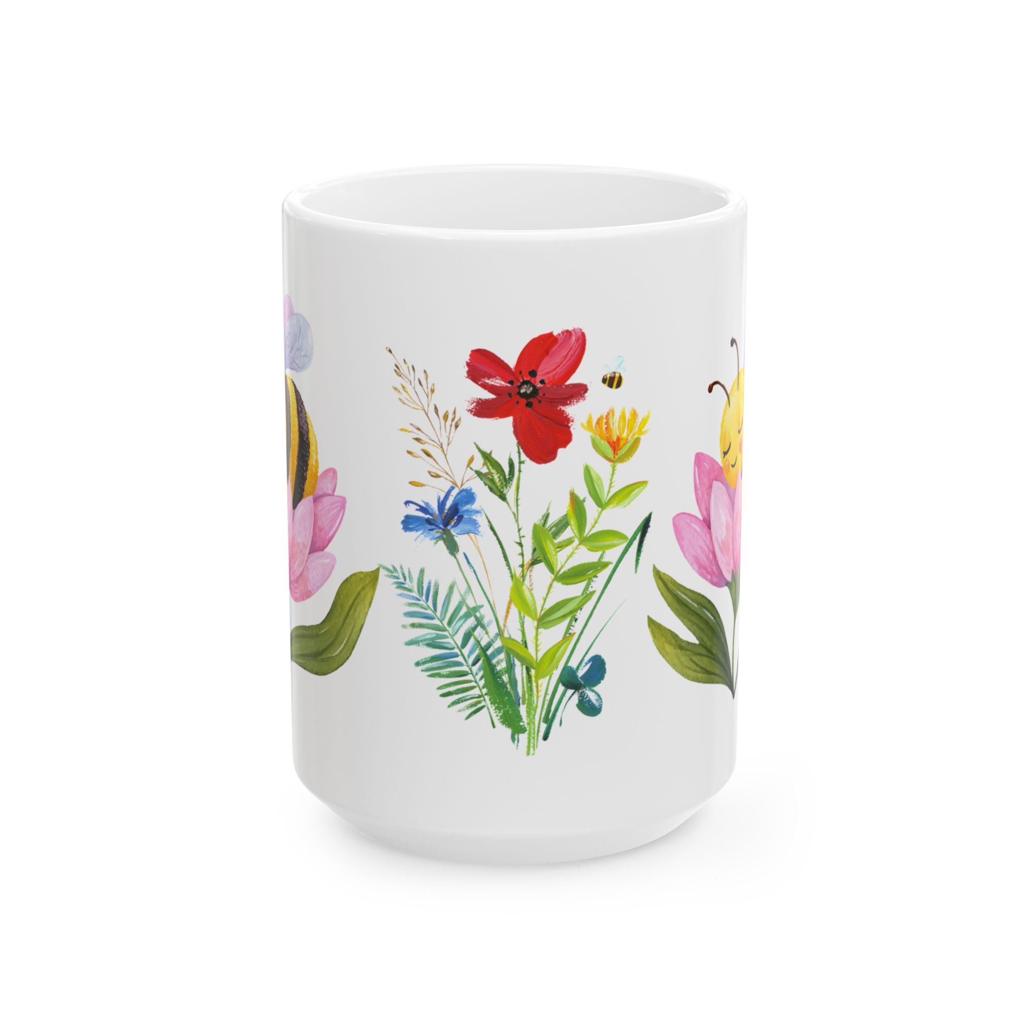 Floral Bee Ceramic Mug — Watercolor Wildflower Coffee Cup (11oz & 15oz)
