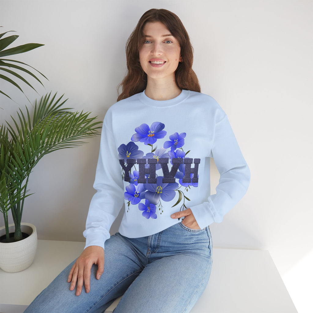Crewneck Sweatshirt - Blue Violet Floral Graphic with 'KHVH' Lettering
