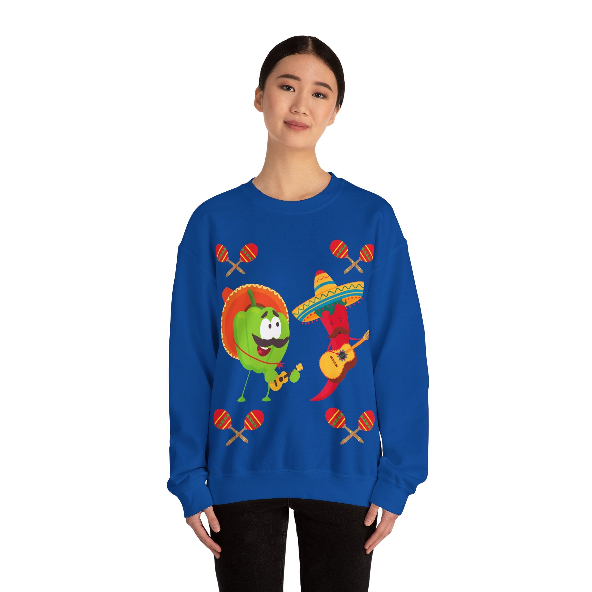 Fiesta Friends Sweatshirt — Cute Chili & Avocado with Sombreros, Maracas & Guitar