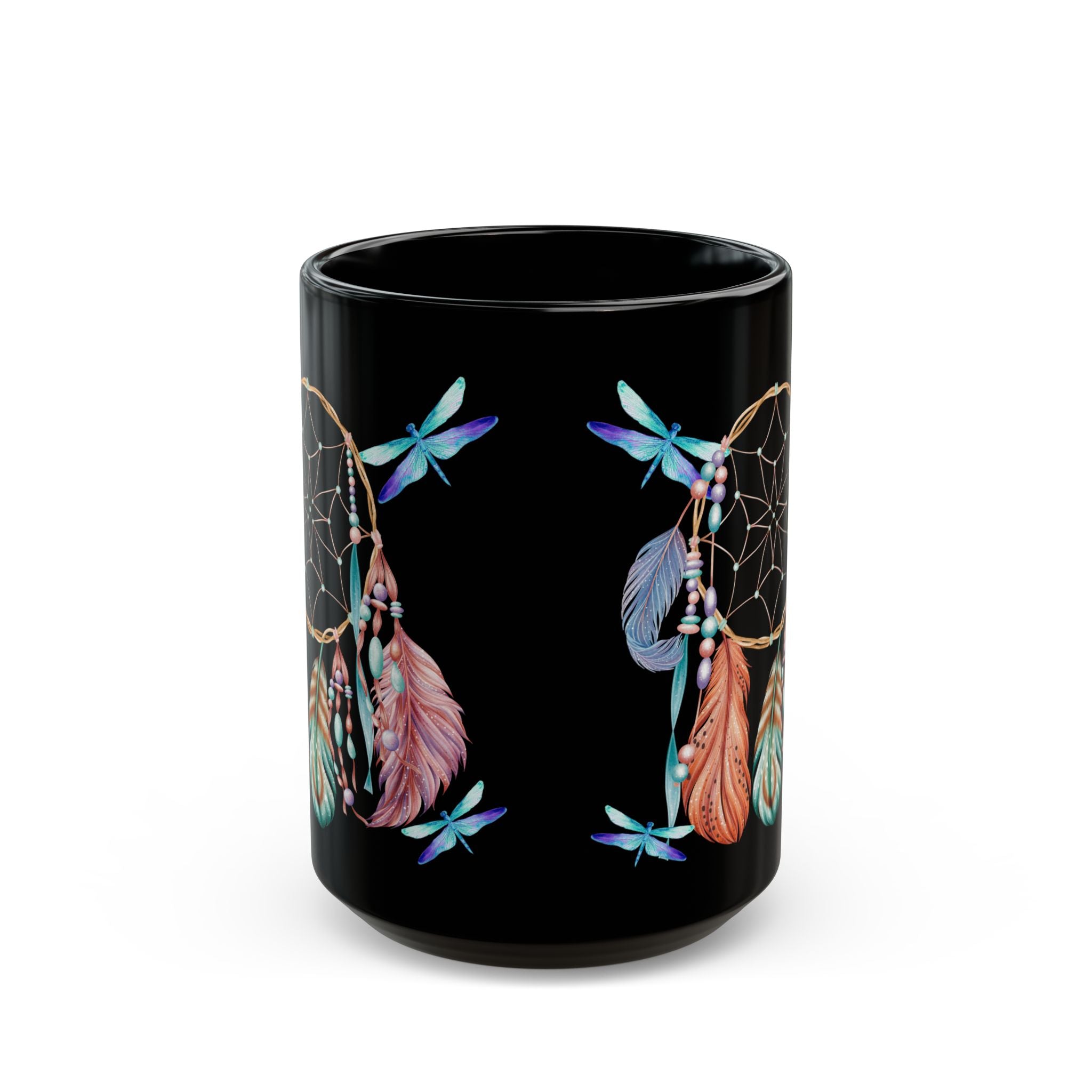Dreamcatcher Black Mug — Boho Feather & Dragonfly Coffee Cup (11oz/15oz)