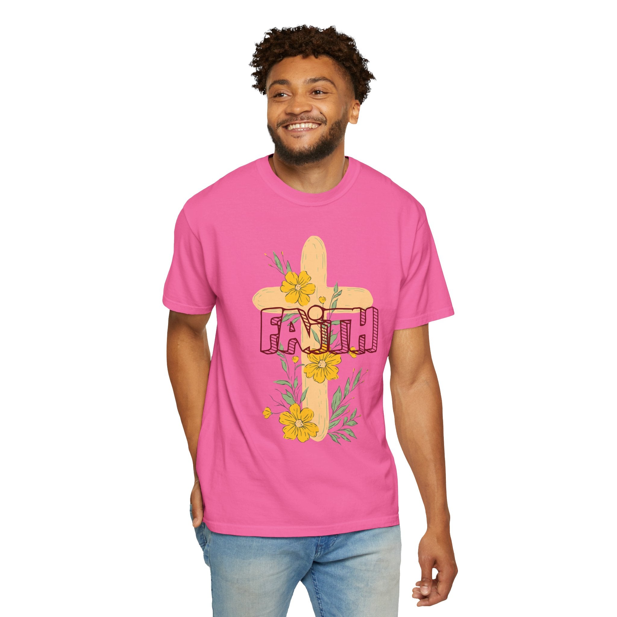 Faith Cross Floral T-Shirt — Christian Inspirational Tee with Yellow Flowers