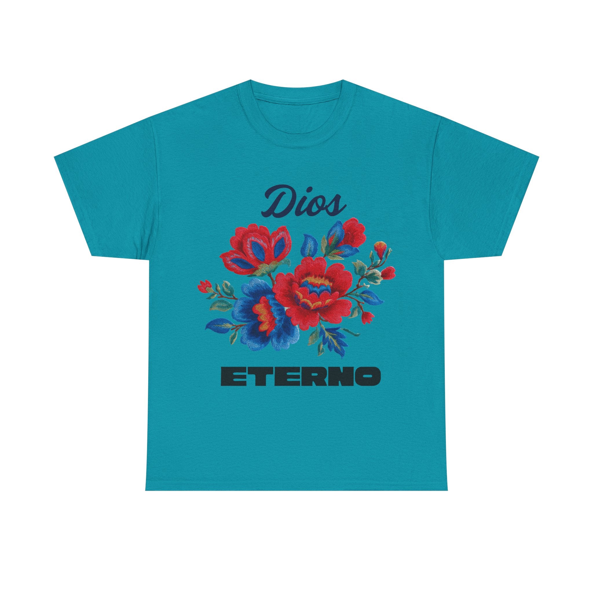 Dios Eterno Floral T-Shirt — Spanish Faith Tee with Red & Blue Blooms