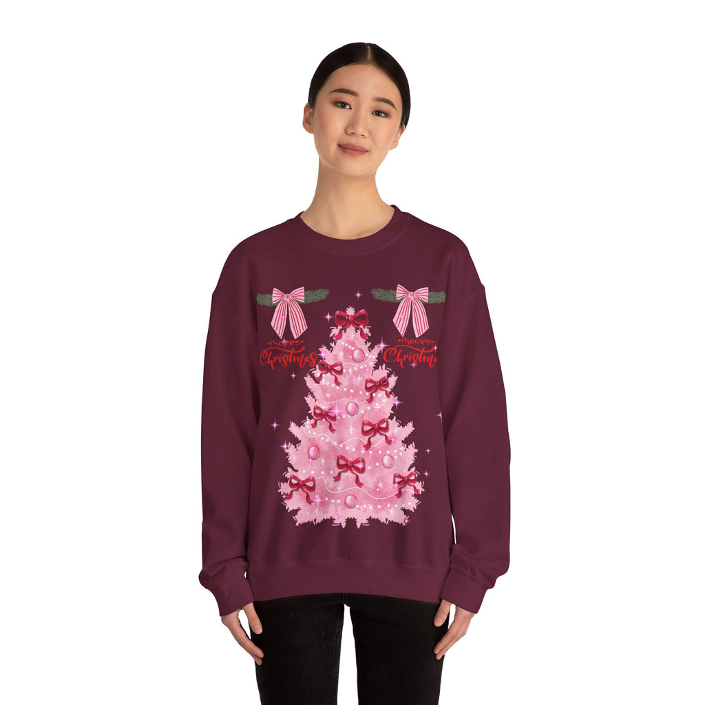 Pink Christmas Tree Sweatshirt — 'Merry Christmas' Bow Holiday Crewneck