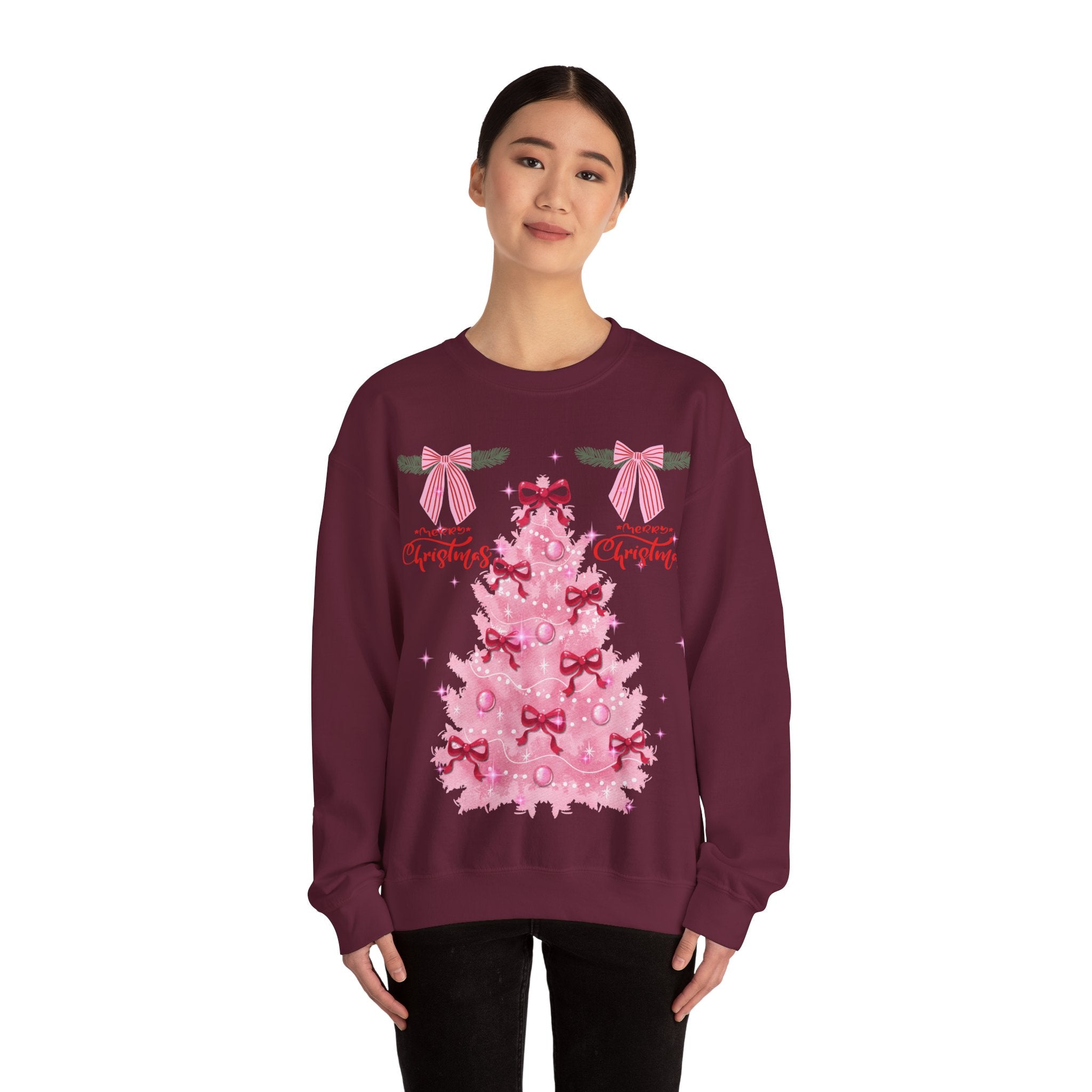 Pink Christmas Tree Sweatshirt — 'Merry Christmas' Bow Holiday Crewneck