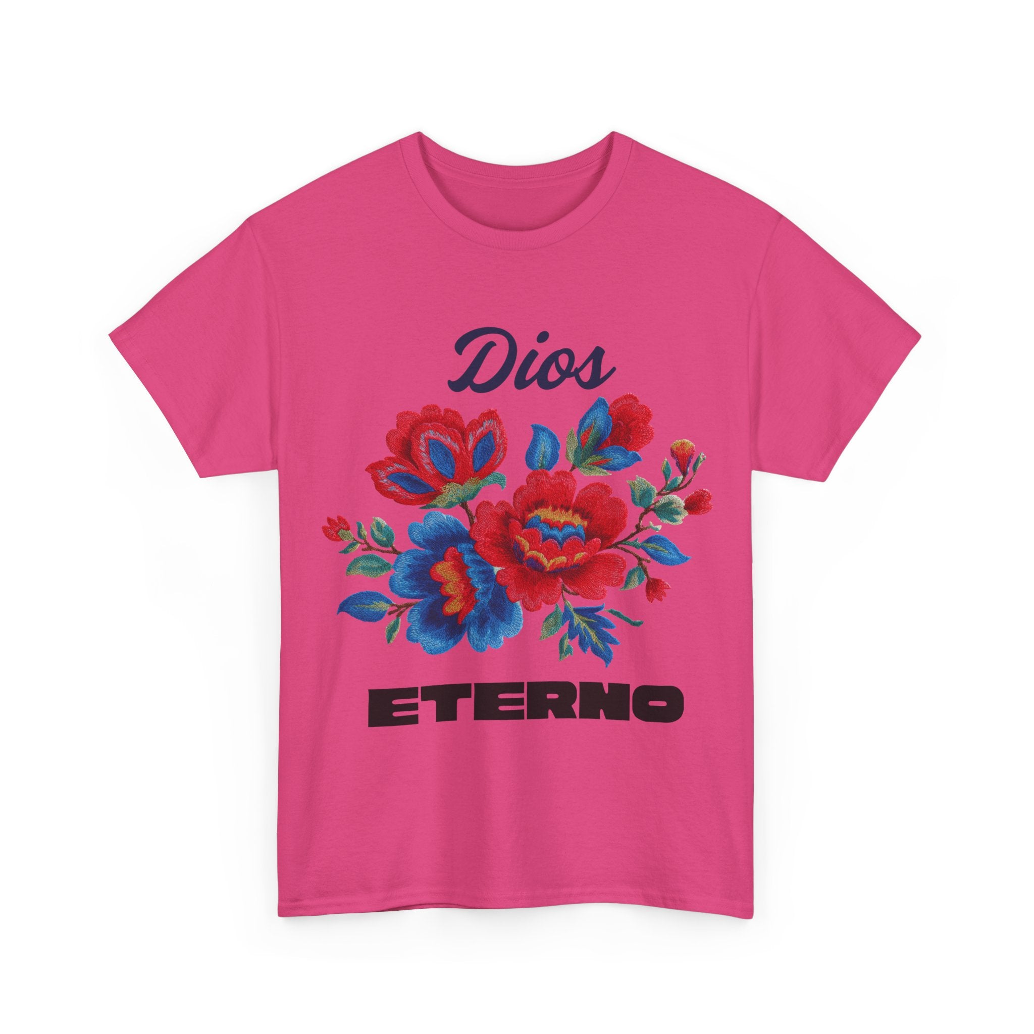 Dios Eterno Floral T-Shirt — Spanish Faith Tee with Red & Blue Blooms
