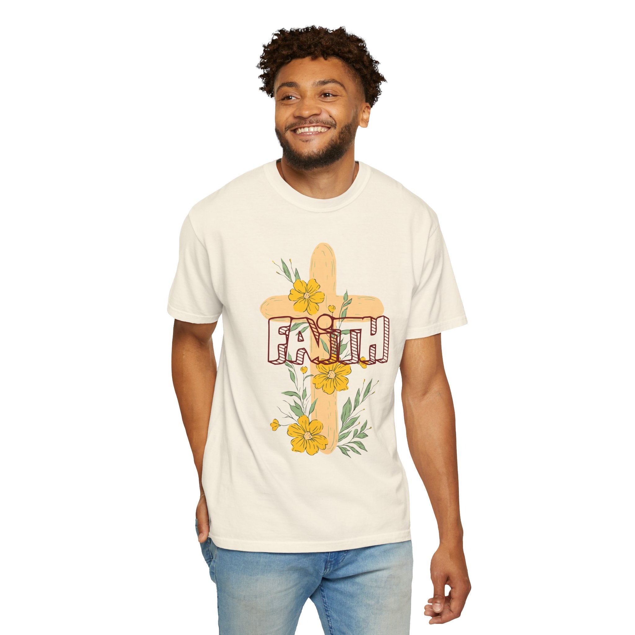 Faith Cross Floral T-Shirt — Christian Inspirational Tee with Yellow Flowers