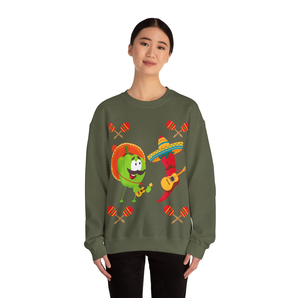 Fiesta Friends Sweatshirt — Cute Chili & Avocado with Sombreros, Maracas & Guitar