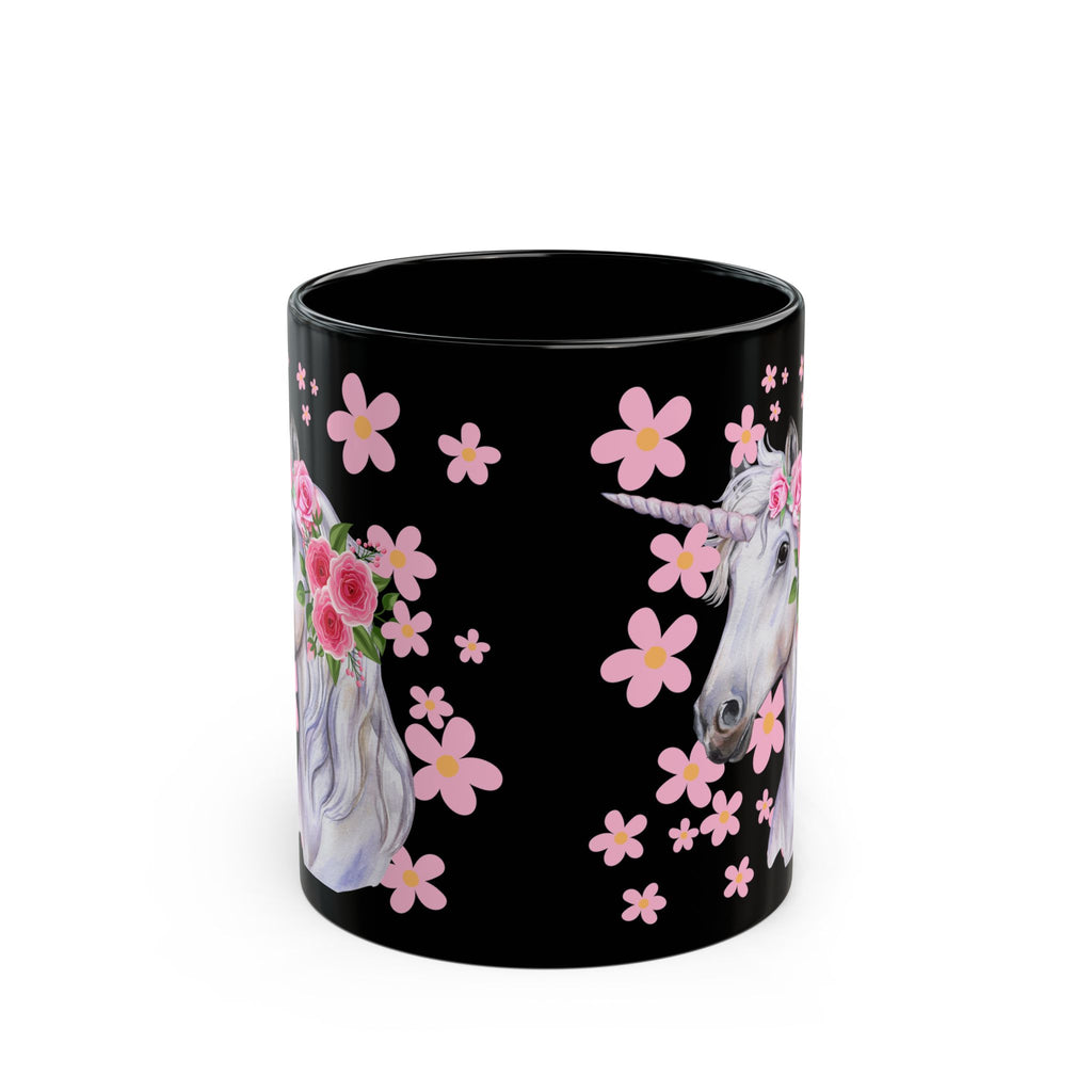 Unicorn Floral Mug — Black Ceramic Coffee Cup with Pink Flowers (11oz, 15oz)