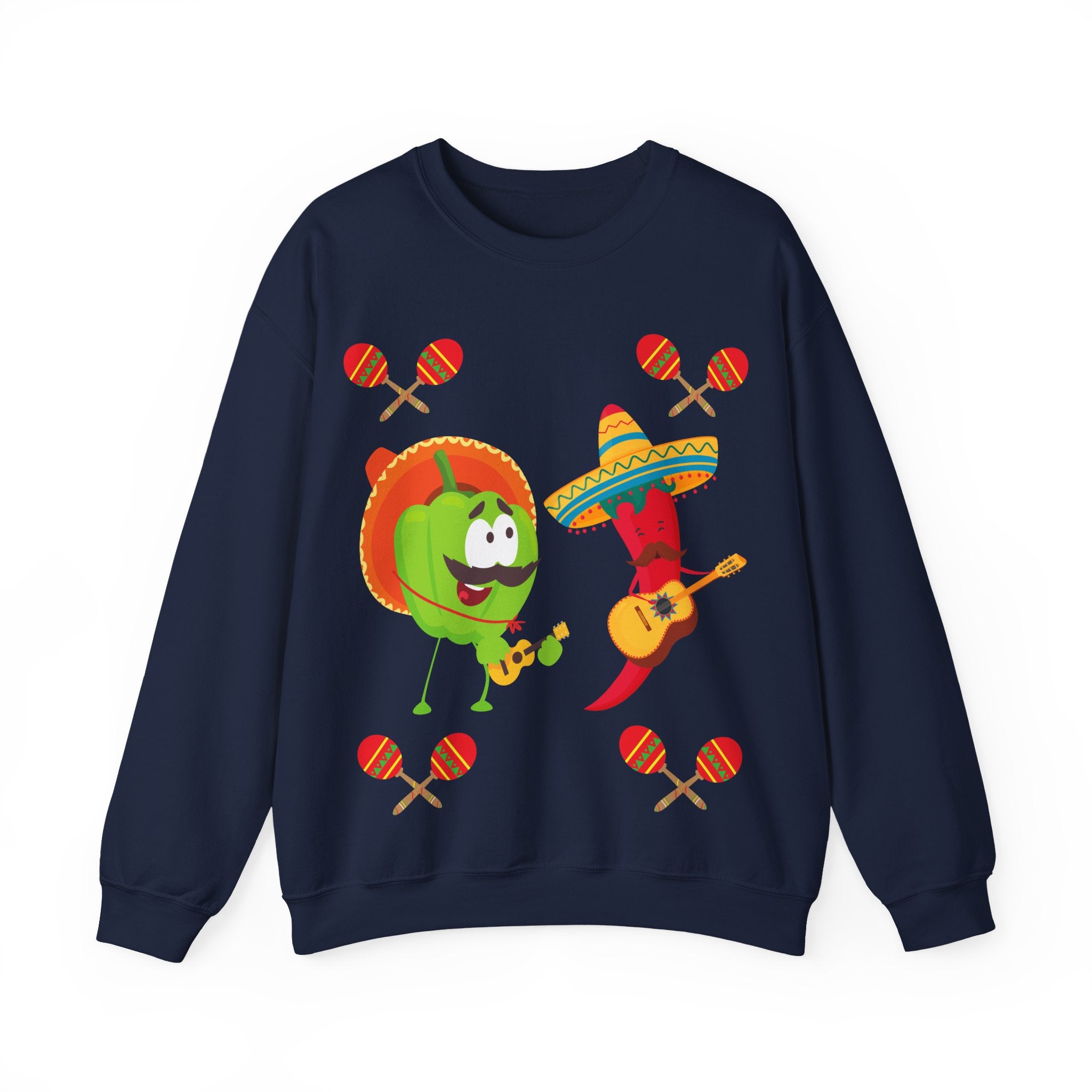Fiesta Friends Sweatshirt — Cute Chili & Avocado with Sombreros, Maracas & Guitar