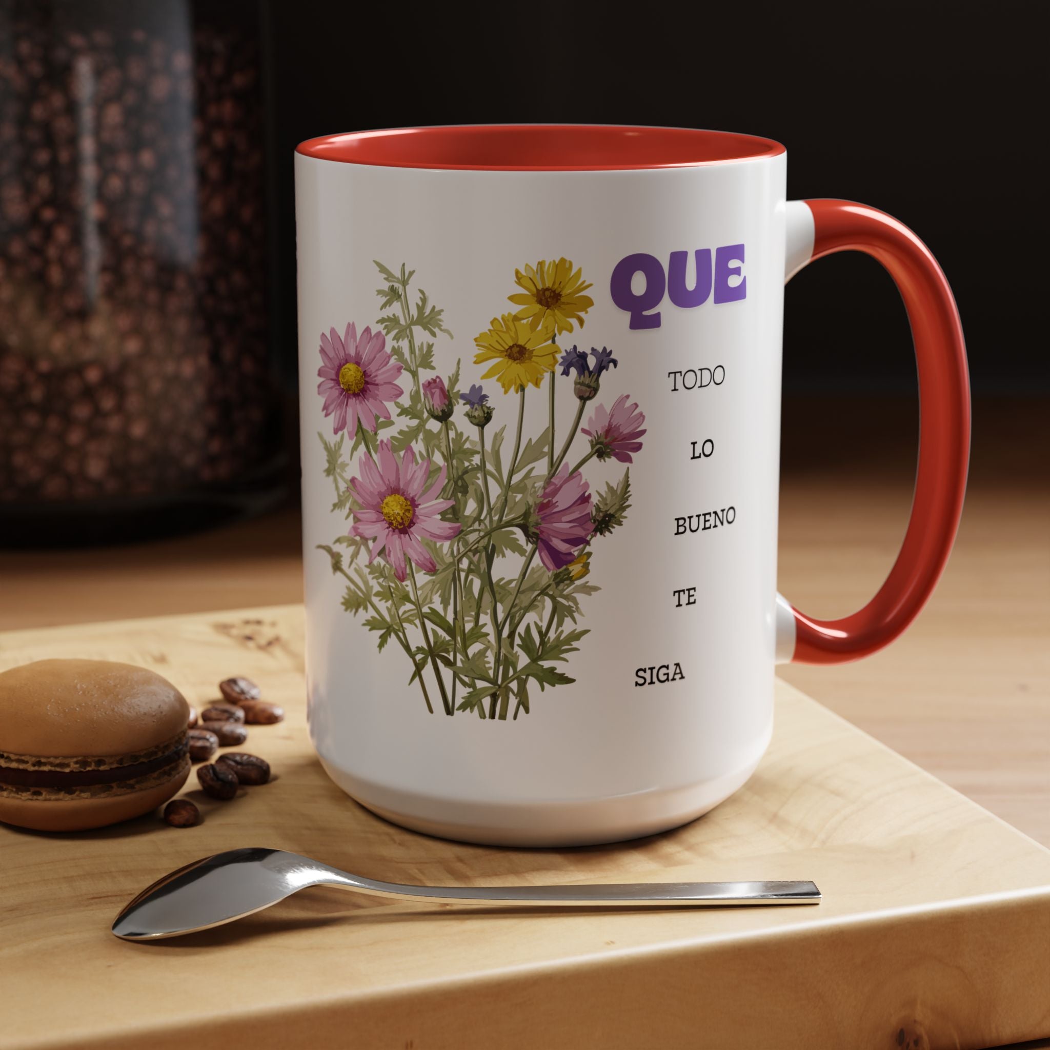 Inspirational Spanish Floral Coffee Mug — "Que todo lo bueno te siga" Accent Mug (11/15oz)