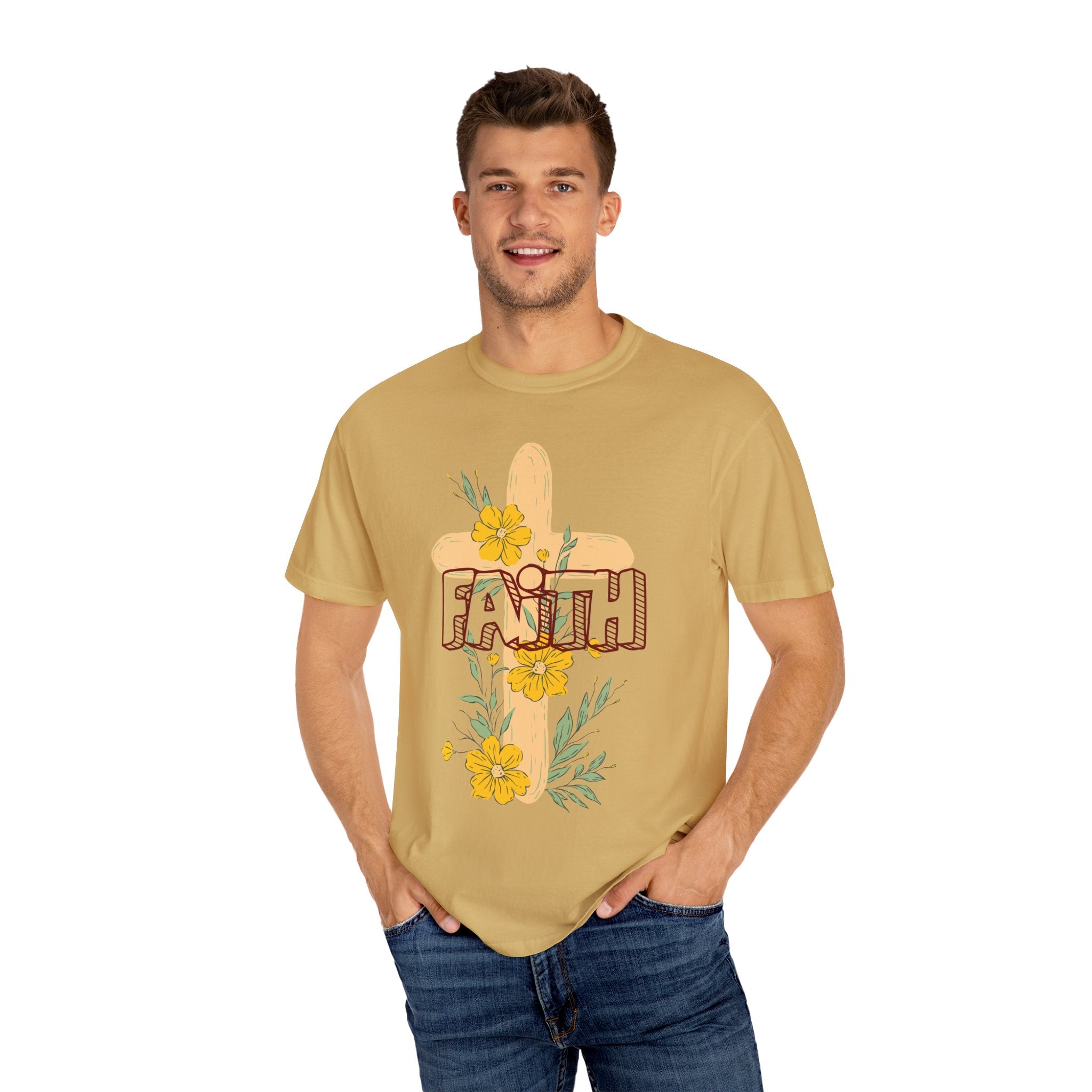 Faith Cross Floral T-Shirt — Christian Inspirational Tee with Yellow Flowers