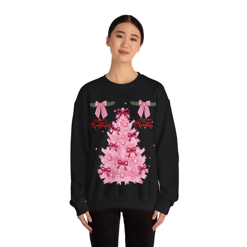 Pink Christmas Tree Sweatshirt — 'Merry Christmas' Bow Holiday Crewneck