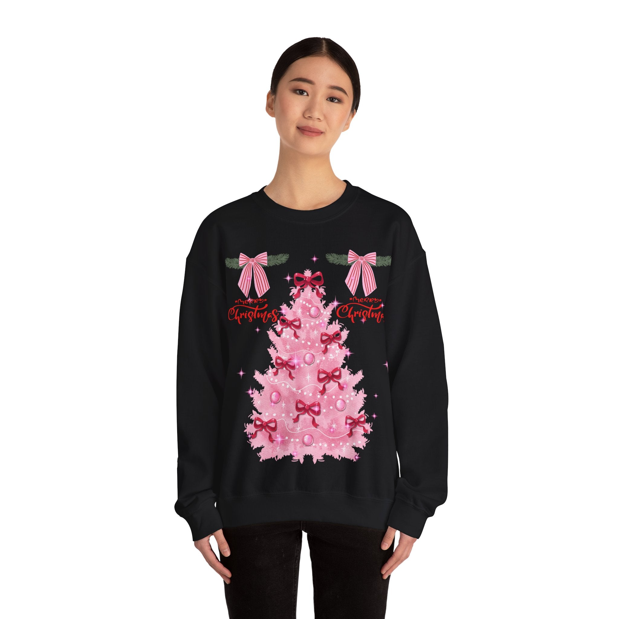 Pink Christmas Tree Sweatshirt — 'Merry Christmas' Bow Holiday Crewneck