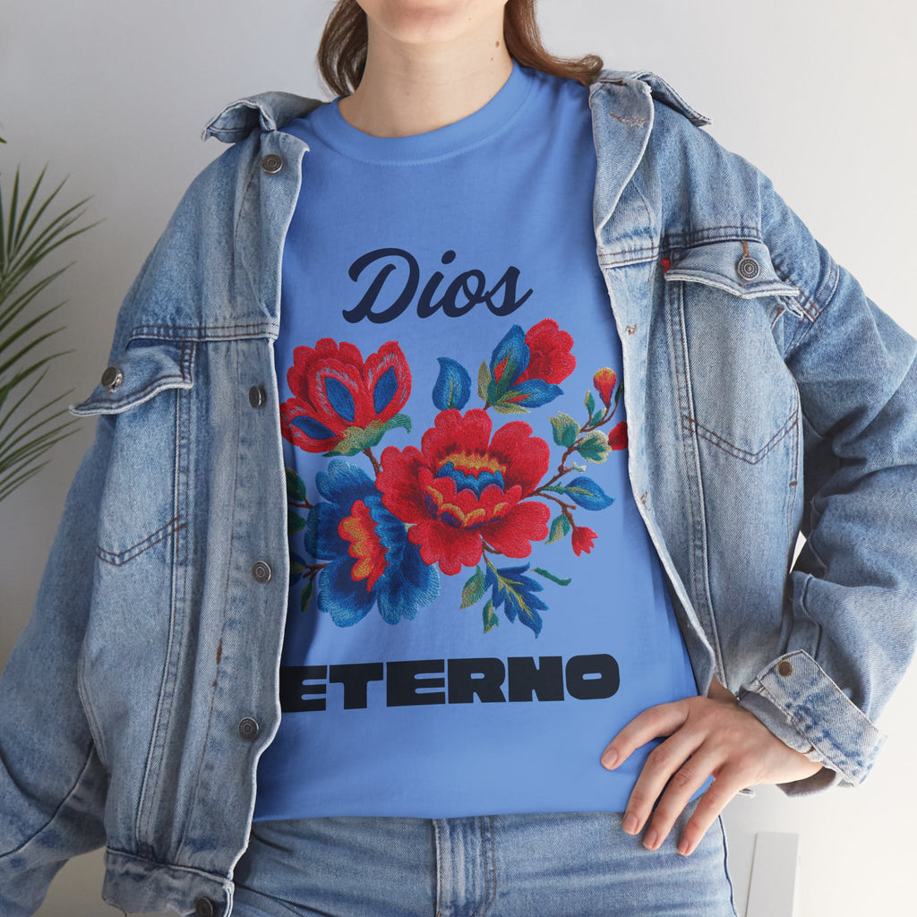 Dios Eterno Floral T-Shirt — Spanish Faith Tee with Red & Blue Blooms