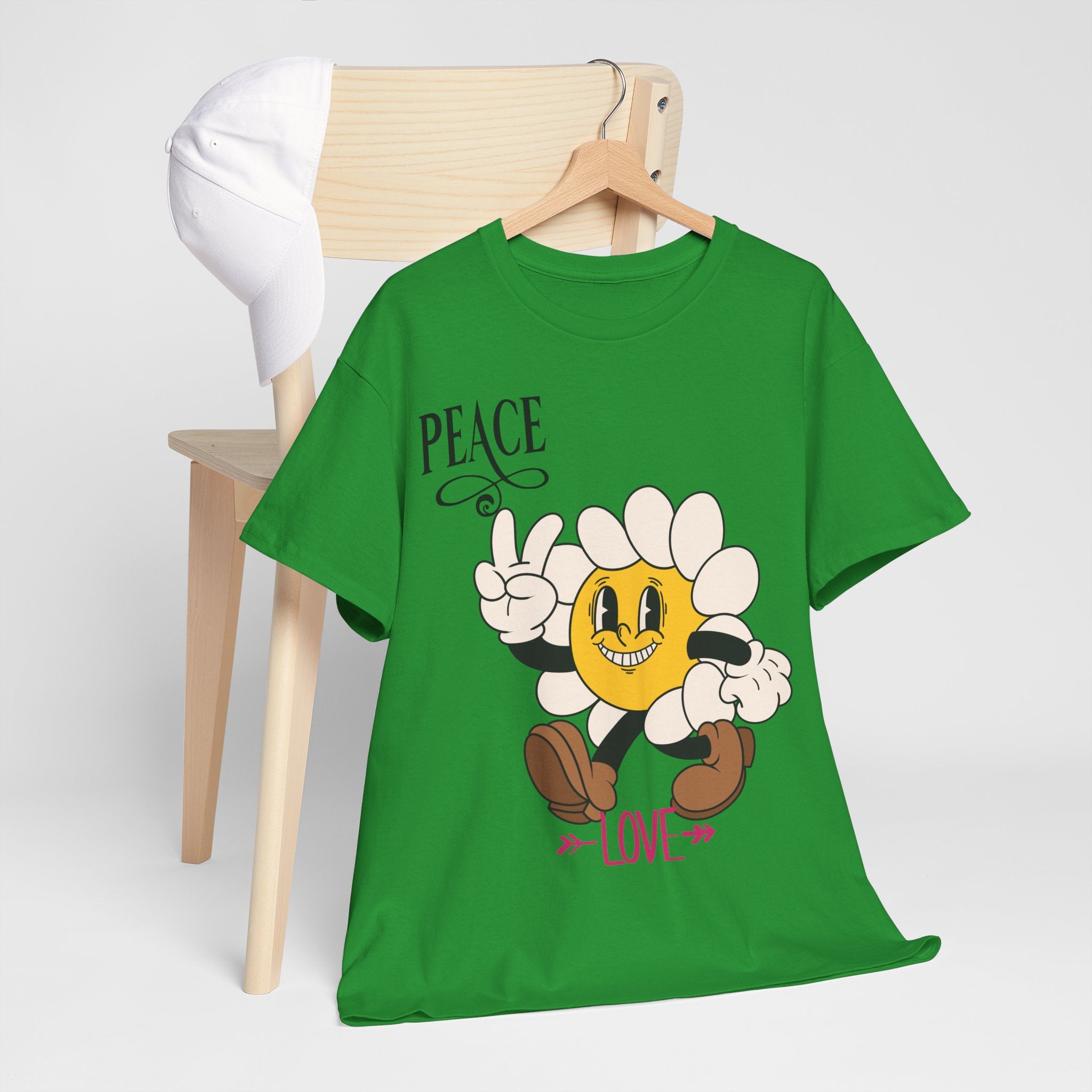 Peace & Love Daisy Character T-Shirt — Retro Smiley Flower Tee